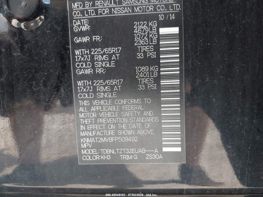 2015 Nissan Rogue VIN KNMAT2MV8FP509492 IAAI salvage auction — HAIL, Clear (Illinois), sold $1,375 on 2026-07-20 (photo 9)
