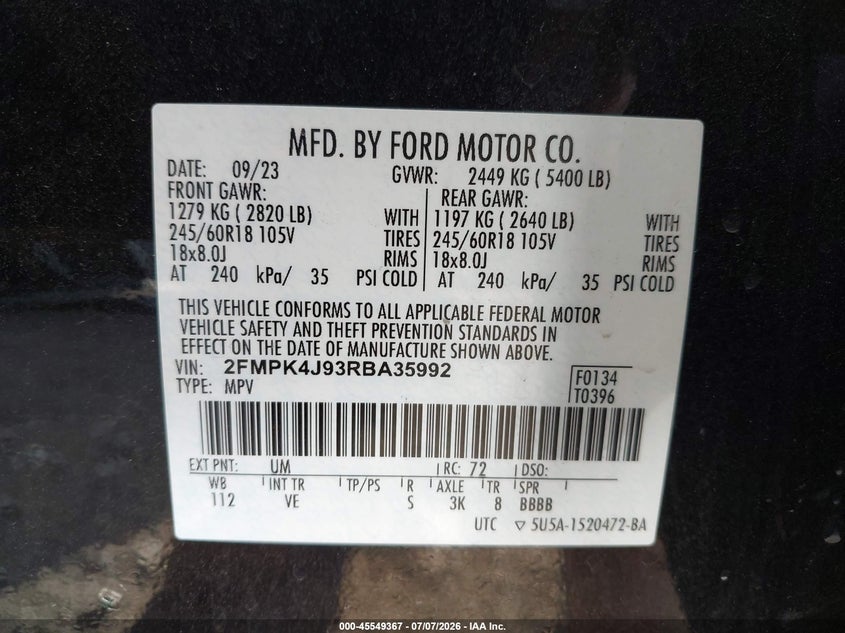 2024 Ford Edge VIN 2FMPK4J93RBA35992 IAAI salvage auction — REAR END, Enterprise Vehicles Clear Only (Texas), sold $12,700 on 2026-07-09 (photo 9)