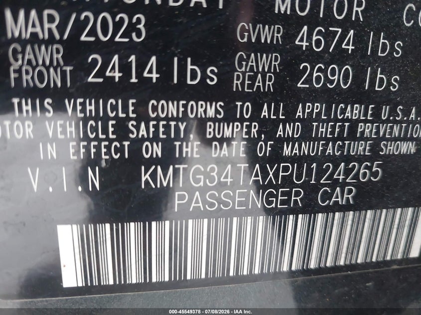 2023 Genesis G70 VIN KMTG34TAXPU124265 IAAI salvage auction — SIDE, Salvage (California), sold $8,100 on 2026-07-29 (photo 9)