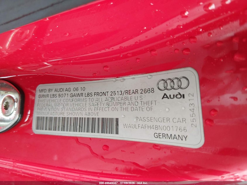 2011 Audi A5 VIN WAULFAFH4BN001766 IAAI salvage auction — RIGHT SIDE, Salvage (Missouri), sold $3,450 on 2026-09-15 (photo 9)