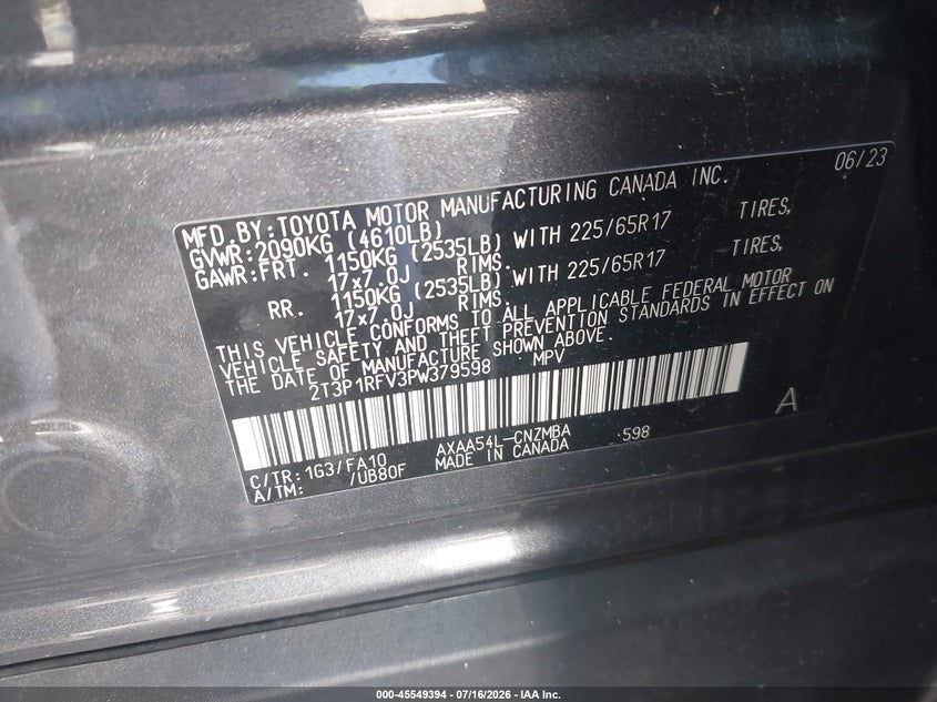 2023 Toyota Rav 4 VIN 2T3P1RFV3PW379598 IAAI salvage auction — REAR END, Salvage (Tennessee), sold $12,100 on 2026-07-30 (photo 9)