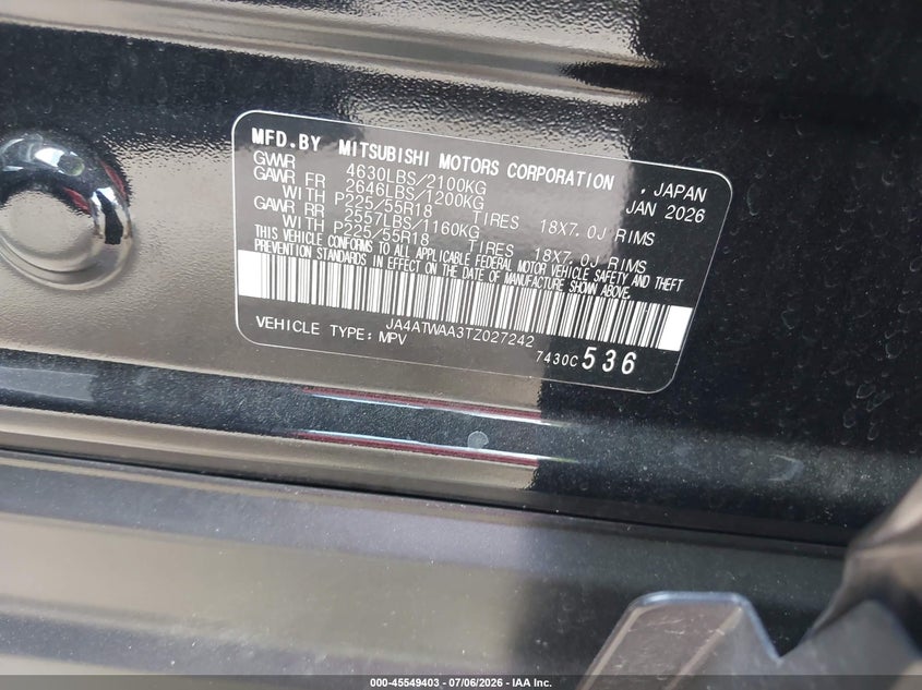 2026 Mitsubishi Eclipse cross VIN JA4ATWAA3TZ027242 IAAI salvage auction — FRONT & REAR, Salvage Title, sold $3,550 on 2026-07-14 (photo 9)