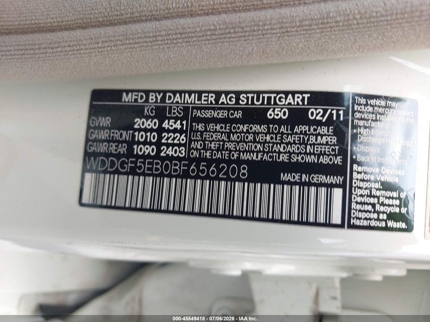 2011 Mercedes-benz C class VIN WDDGF5EB0BF656208 IAAI salvage auction — FRONT END, Rebuildable (Florida), sold $1,300 on 2026-08-13 (photo 9)