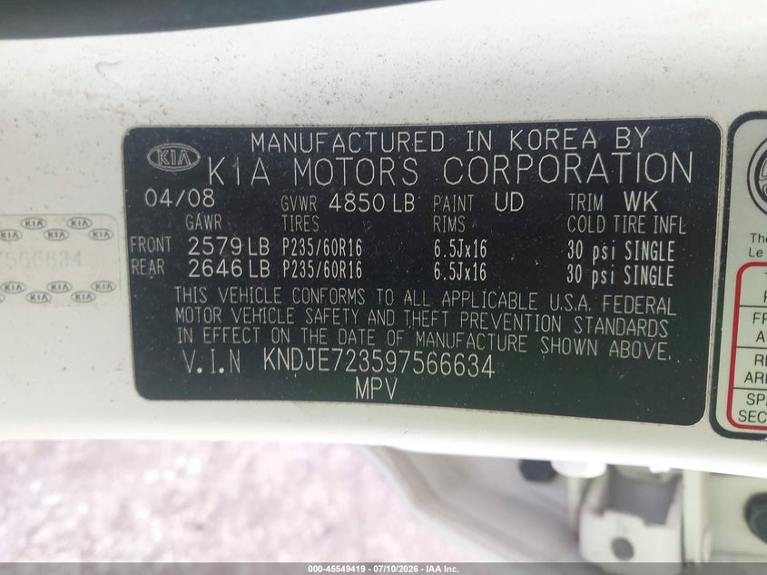 2009 Kia Sportage VIN KNDJE723597566634 IAAI salvage auction — FRONT END, Clear (Kansas), sold $475 on 2026-07-29 (photo 9)