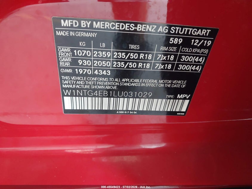 2020 Mercedes-benz Gla-klasse VIN W1NTG4EB1LU031029 IAAI salvage auction — WATER/FLOOD, Clear (Virginia), sold $5,350 on 2026-07-17 (photo 9)