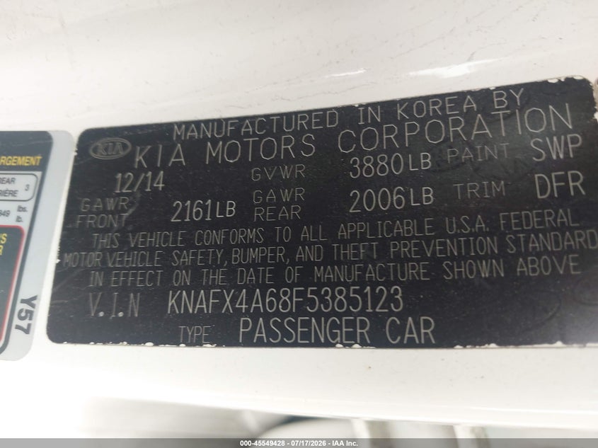 2015 Kia Forte VIN KNAFX4A68F5385123 IAAI salvage auction — RIGHT REAR, Salvage - Greater Than 75% (Maryland), sold $950 on 2026-07-24 (photo 9)