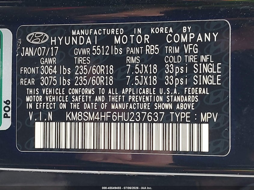 2017 Hyundai Santa fe VIN KM8SM4HF6HU237637 IAAI salvage auction — NORMAL WEAR, Salvage Title, sold $2,100 on 2026-07-13 (photo 9)