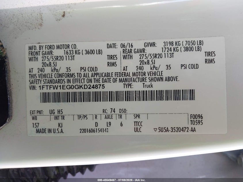 2016 Ford F-150 VIN 1FTFW1EG0GKD24875 IAAI salvage auction — REAR END, Salvage (Nebraska), sold $7,000 on 2026-08-01 (photo 9)