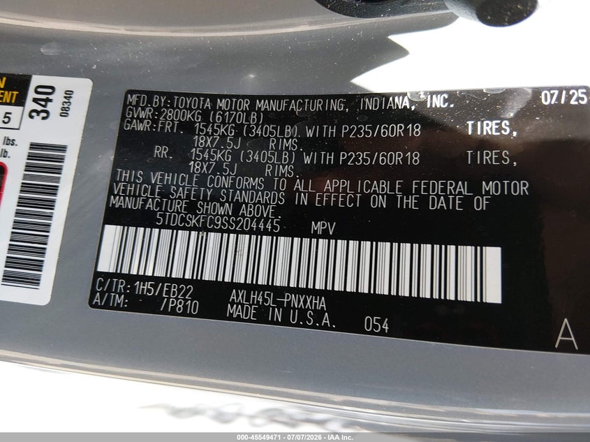 2025 Toyota Sienna VIN 5TDCSKFC9SS204445 IAAI salvage auction — FRONT END, Salvage (California), sold $7,850 on 2026-08-20 (photo 9)