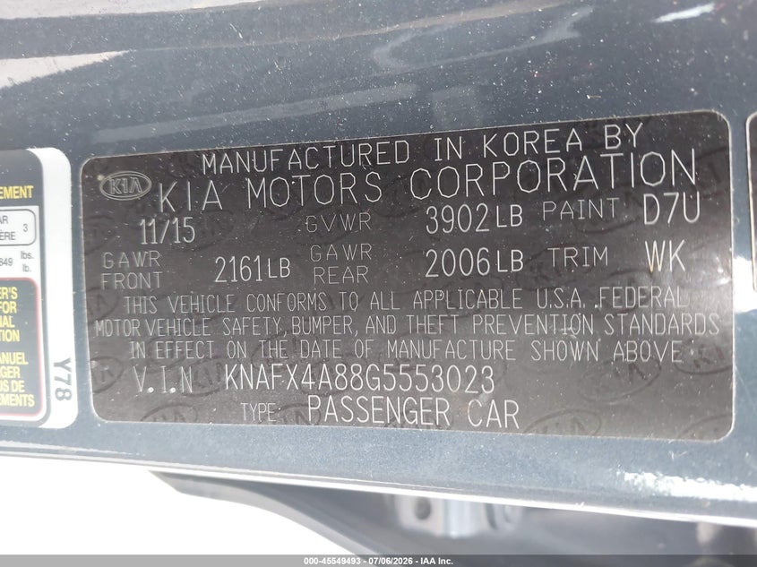 2016 Kia Forte VIN KNAFX4A88G5553023 IAAI salvage auction — FRONT END, Salvage Title, sold $1,050 on 2026-07-23 (photo 9)