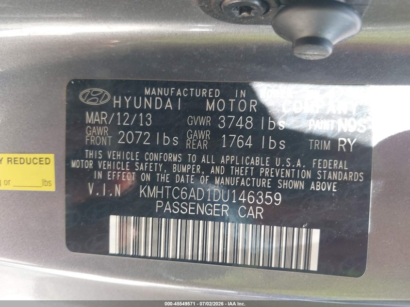 2013 Hyundai Veloster VIN KMHTC6AD1DU146359 IAAI salvage auction — NORMAL WEAR, Clear (Indiana), sold $25 on 2026-07-29 (photo 9)