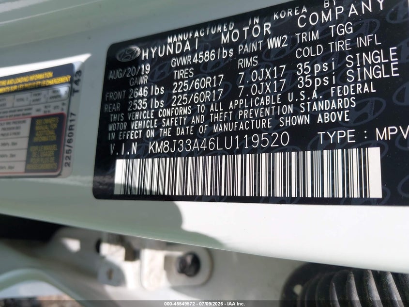2020 Hyundai Tucson VIN KM8J33A46LU119520 IAAI salvage auction — FRONT END, Salvage Title, sold $5,300 on 2026-08-02 (photo 9)