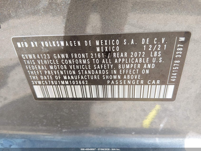 2021 Volkswagen Jetta VIN 3VWC57BU1MM103662 IAAI salvage auction — FRONT END, Salvage Title, sold $4,600 on 2026-08-24 (photo 9)