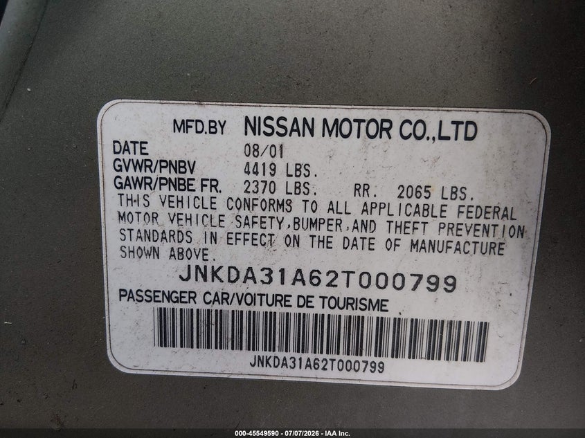 2002 Infiniti I35 VIN JNKDA31A62T000799 IAAI salvage auction — NORMAL WEAR, Clear (Maryland), sold $225 on 2026-07-29 (photo 9)