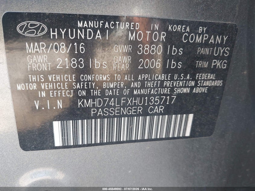 2017 Hyundai Elantra VIN KMHD74LFXHU135717 IAAI salvage auction — UNKNOWN, Clear (Georgia), sold $700 on 2026-07-16 (photo 9)