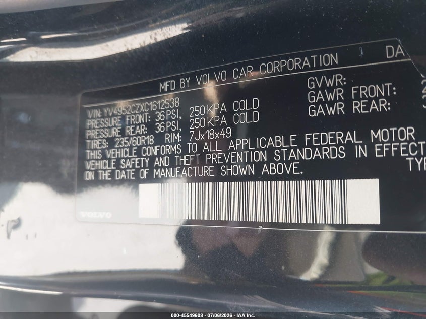 2012 Volvo Xc90 VIN YV4952CZXC1612538 IAAI salvage auction — RIGHT FRONT, Salvage Title, sold $400 on 2026-08-17 (photo 9)
