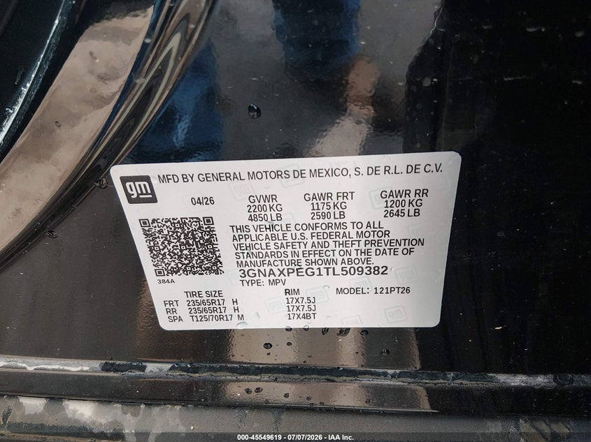 2026 Chevrolet Equinox VIN 3GNAXPEG1TL509382 IAAI salvage auction — WATER/FLOOD, Salvage (West Virginia), sold $14,100 on 2026-08-27 (photo 9)