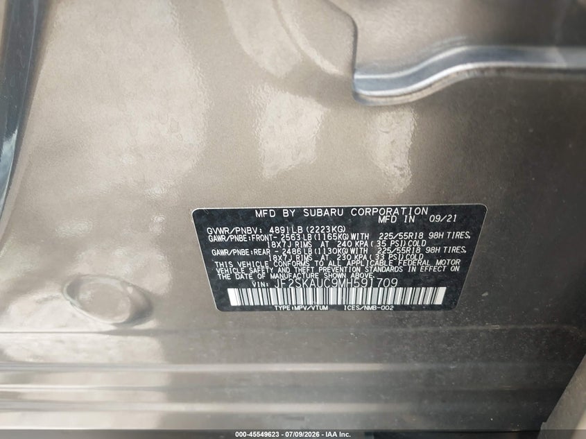 2021 Subaru Forester VIN JF2SKAUC9MH591709 IAAI salvage auction — NORMAL WEAR, Salvage Title, sold $19,250 on 2026-07-28 (photo 9)