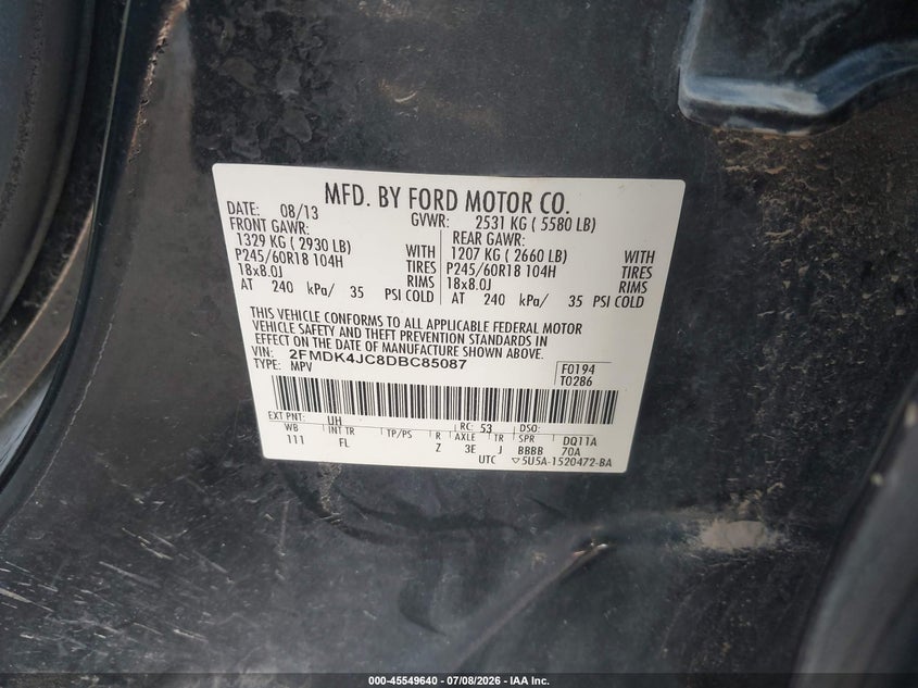 2013 Ford Edge VIN 2FMDK4JC8DBC85087 IAAI salvage auction — SIDE, Certificate Of Title (Nebraska), sold $600 on 2026-07-29 (photo 9)