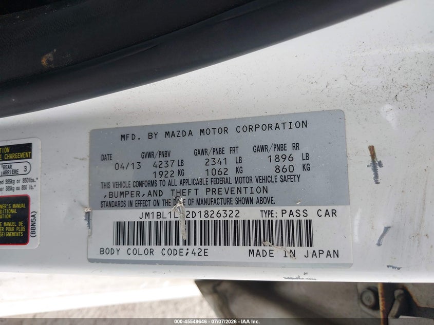 2013 Mazda 3 VIN JM1BL1L42D1826322 IAAI salvage auction — NORMAL WEAR, Original (Ohio), sold $1,525 on 2026-07-28 (photo 9)