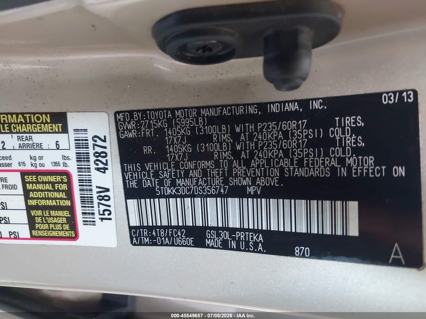 2013 Toyota Sienna VIN 5TDKK3DC7DS356747 IAAI salvage auction — LEFT FRONT, Rebuildable (Florida), sold $300 on 2026-07-29 (photo 9)