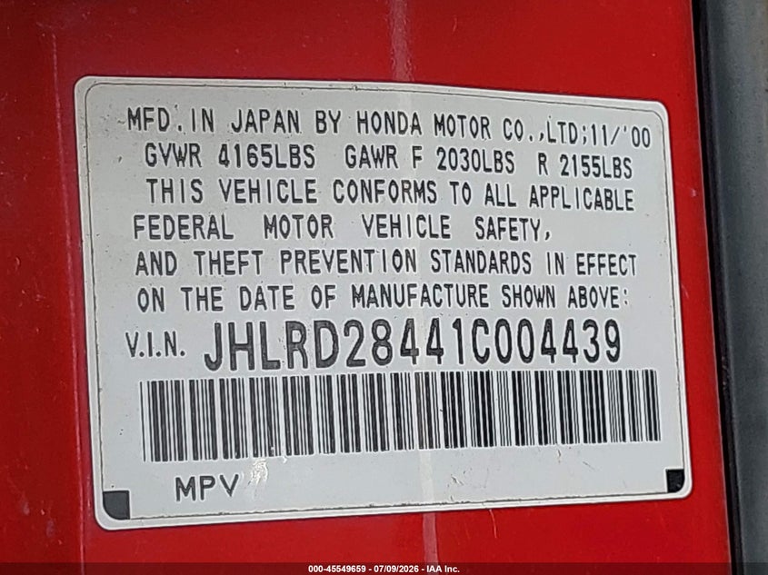 2001 Honda Cr-v VIN JHLRD28441C004439 IAAI salvage auction — NORMAL WEAR, Original (Texas), sold $25 on 2026-07-21 (photo 9)