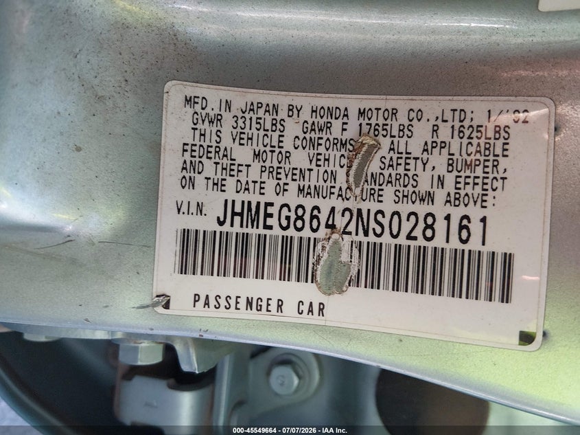 1992 Honda Civic VIN JHMEG8642NS028161 IAAI salvage auction — ROLLOVER, Non-Repairable (Arizona), sold $25 on 2026-07-28 (photo 9)