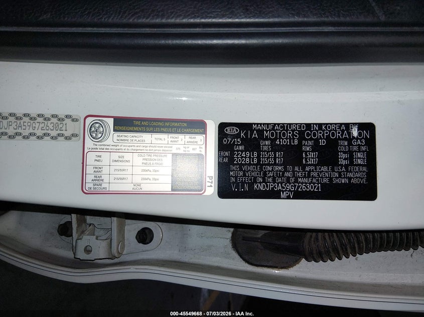 2016 Kia Soul VIN KNDJP3A59G7263021 IAAI salvage auction — REAR END, Salvage Title, sold $550 on 2026-07-28 (photo 9)