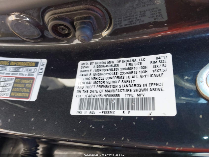 2017 Honda Cr-v VIN 7FARW1H51HE006855 IAAI salvage auction — REAR END, Rebuildable (Florida), sold $5,100 on 2026-07-23 (photo 9)