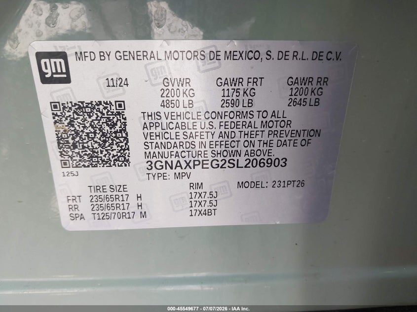 2025 Chevrolet Equinox VIN 3GNAXPEG2SL206903 IAAI salvage auction — FRONT & REAR, Mv-907A (New York), sold $7,000 on 2026-07-09 (photo 9)