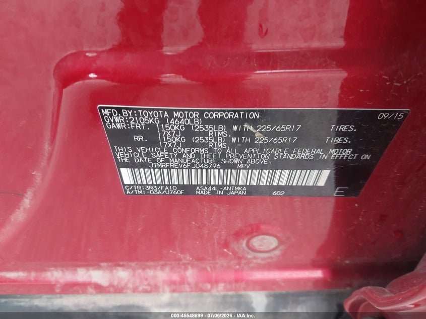2015 Toyota Rav 4 VIN JTMRFREV6FJ048796 IAAI salvage auction — FRONT END, Clear (Indiana), sold $2,650 on 2026-07-31 (photo 9)