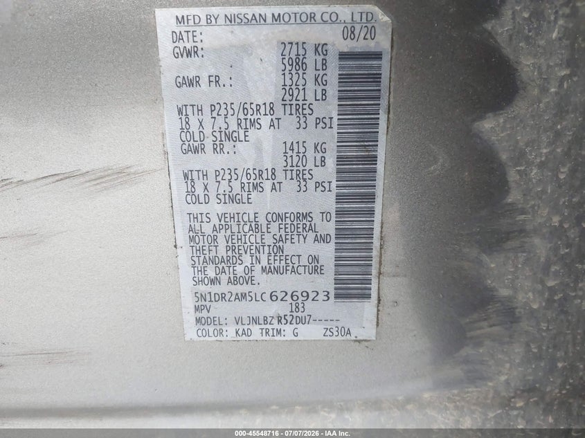 2020 Nissan Pathfinder VIN 5N1DR2AM5LC626923 IAAI salvage auction — NORMAL WEAR, SF97 (Maine), sold $8,800 on 2026-07-31 (photo 9)