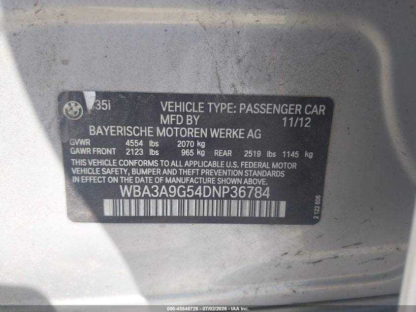 2013 BMW 3er VIN WBA3A9G52DN236784 IAAI salvage auction — RIGHT SIDE, Salvage (Pennsylvania), sold $2,850 on 2026-07-17 (photo 9)