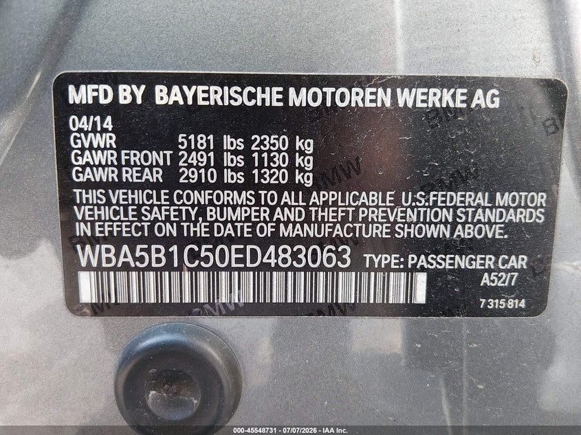 2014 BMW 5er VIN WBA5B1C50ED483063 IAAI salvage auction — WATER/FLOOD, Salvage (Louisiana), sold $1,100 on 2026-07-29 (photo 9)
