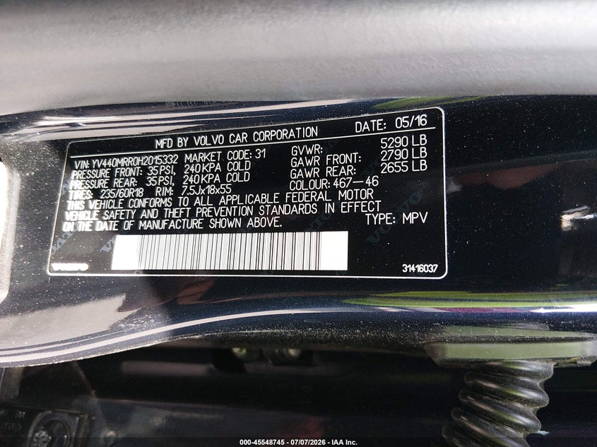 2017 Volvo Xc60 VIN YV440MRR0H2015332 IAAI salvage auction — HAIL, Salvage (Illinois), sold $925 on 2026-08-19 (photo 9)