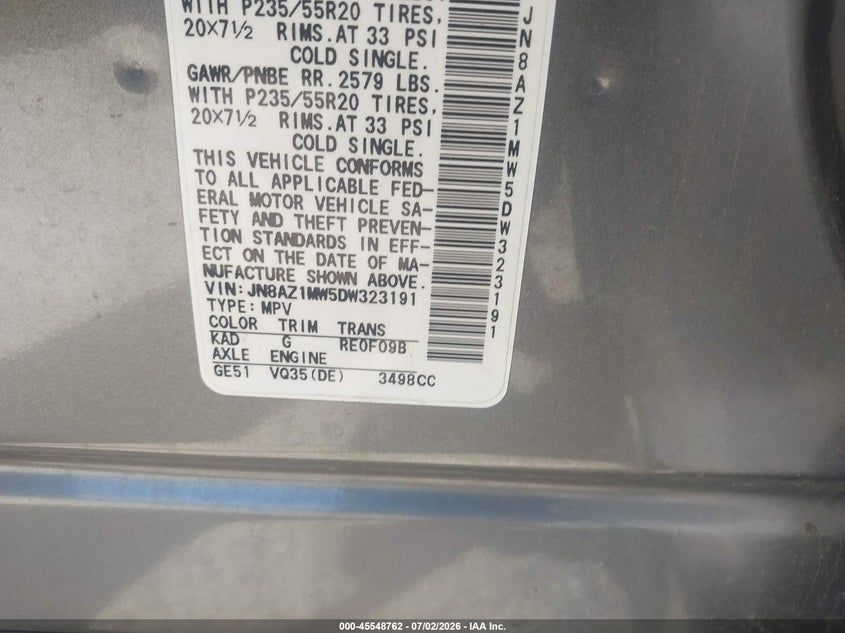 2013 Nissan Murano VIN JN8AZ1MW5DW323191 IAAI salvage auction — FRONT END, Junk Bill Of Sale Mv2459 (Wisconsin), sold $375 on 2026-07-28 (photo 9)