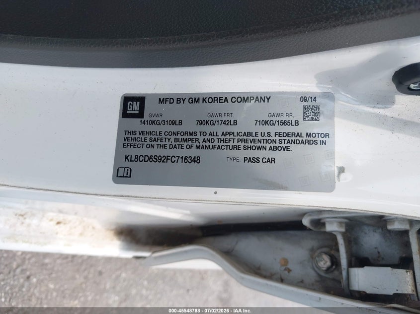 2015 Chevrolet Spark VIN KL8CD6S92FC716348 IAAI salvage auction — NORMAL WEAR, Clear (Georgia), sold $625 on 2026-07-29 (photo 9)