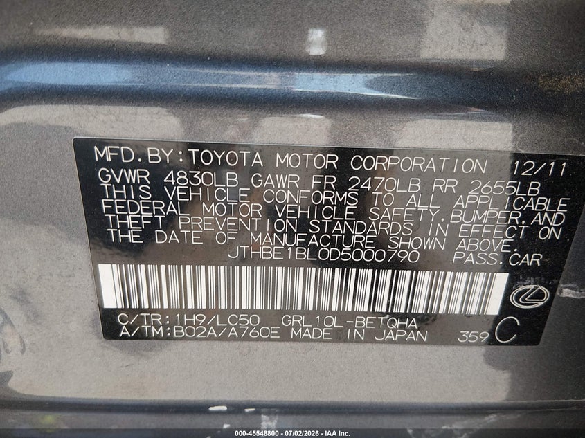 2013 Lexus Gs VIN JTHBE1BL0D5000790 IAAI salvage auction — RIGHT SIDE, Salvage (North Carolina), sold $75 on 2026-07-29 (photo 9)