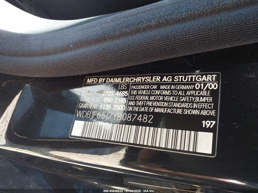 2000 Mercedes-benz E-class VIN WDBJF65J7YB087482 IAAI salvage auction — NORMAL WEAR, Clear (Illinois), sold $1,300 on 2026-07-15 (photo 9)