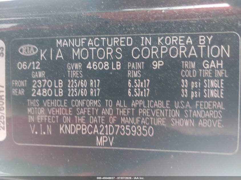2013 Kia Sportage VIN KNDPBCA21D7359350 IAAI salvage auction — UNKNOWN, Clear (Massachusetts), sold $1,450 on 2026-07-09 (photo 9)