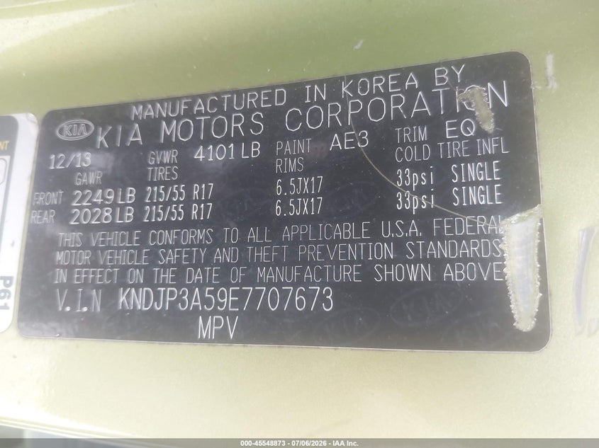 2014 Kia Soul VIN KNDJP3A59E7707673 IAAI salvage auction — NORMAL WEAR, Clear (Virginia), sold $900 on 2026-07-14 (photo 9)