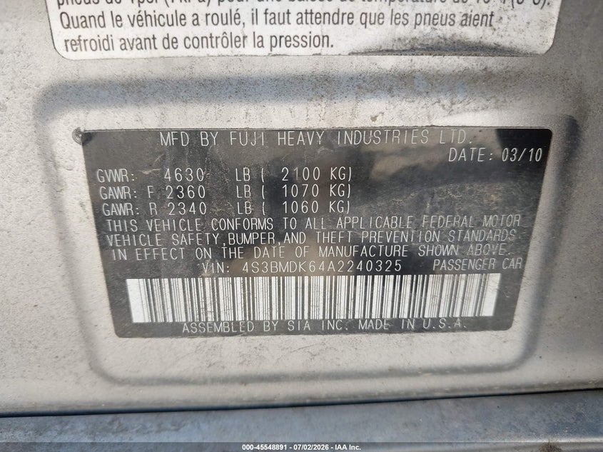 2010 Subaru LEGACY VIN 4S3BMDK64A2240325 IAAI salvage auction — SIDE, Salvage (Pennsylvania), sold $200 on 2026-07-22 (photo 9)