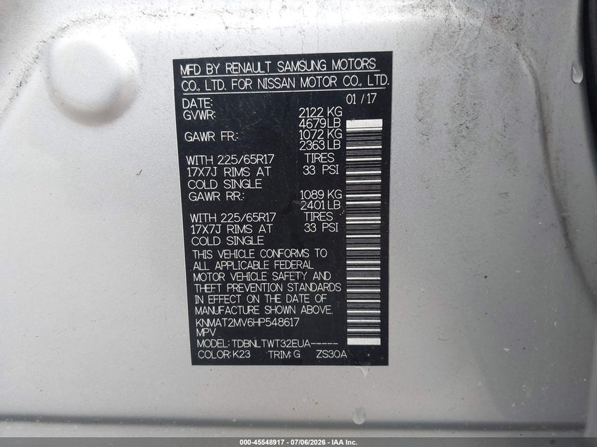 2017 Nissan Rogue VIN KNMAT2MV6HP548617 IAAI salvage auction — FRONT END, Salvage (Idaho), sold $1,375 on 2026-07-14 (photo 9)