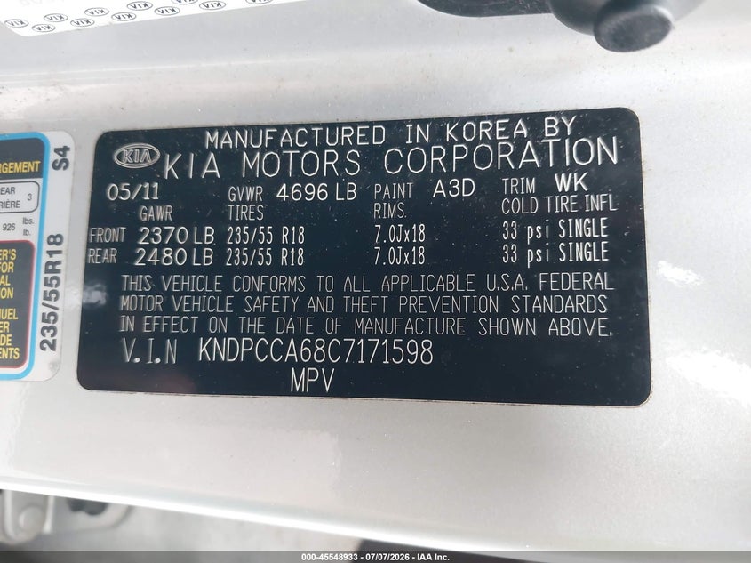 2012 Kia Sportage VIN KNDPCCA68C7171598 IAAI salvage auction — FRONT END, Salvage Title, sold $1,050 on 2026-09-22 (photo 9)
