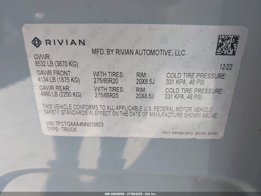 2022 Rivian R1t VIN 7FCTGAAA4NN015823 IAAI salvage auction — FRONT END, Original (Texas), sold $12,900 on 2026-08-02 (photo 9)