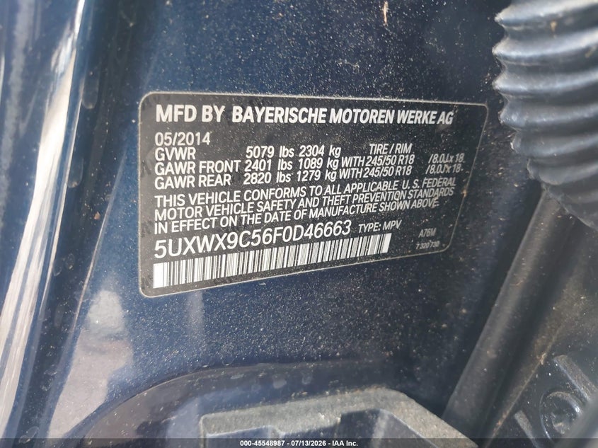 2015 BMW X3 VIN 5UXWX9C56F0D46663 IAAI salvage auction — NORMAL WEAR, Clear (Georgia), sold $2,300 on 2026-07-31 (photo 9)