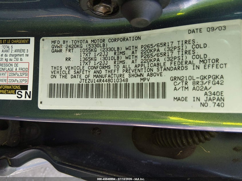 2004 Toyota 4runner VIN JTEZU14R448010348 IAAI salvage auction — NORMAL WEAR, Clear-Dealer Only (North Carolina), sold $1,950 on 2026-07-29 (photo 9)