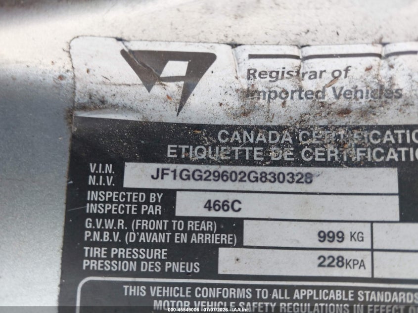 2002 Subaru Impreza VIN JF1GG29602G830328 IAAI salvage auction — STORM DAMAGE, Rebuildable (Florida), sold $875 on 2026-07-28 (photo 9)