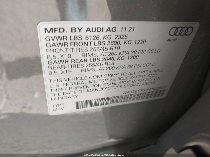 2022 Audi Q3 VIN WA1EECF39N1052877 IAAI salvage auction — LEFT REAR, Salvage (Idaho), sold $14,050 on 2026-08-14 (photo 9)