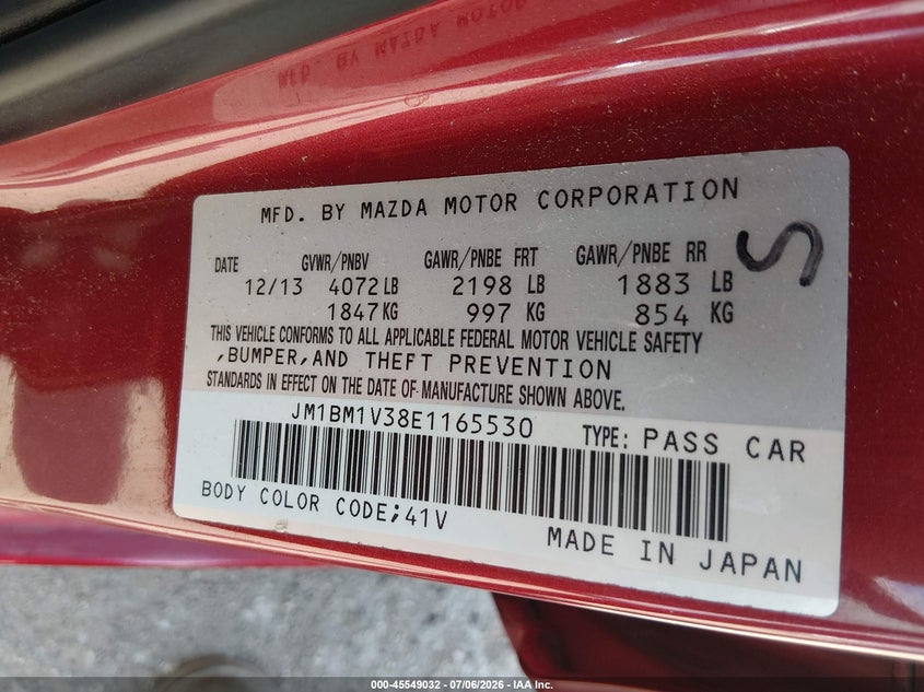 2014 Mazda 3 VIN JM1BM1V38E1165530 IAAI salvage auction — FRONT END, Original (Texas), sold $1,550 on 2026-08-19 (photo 9)